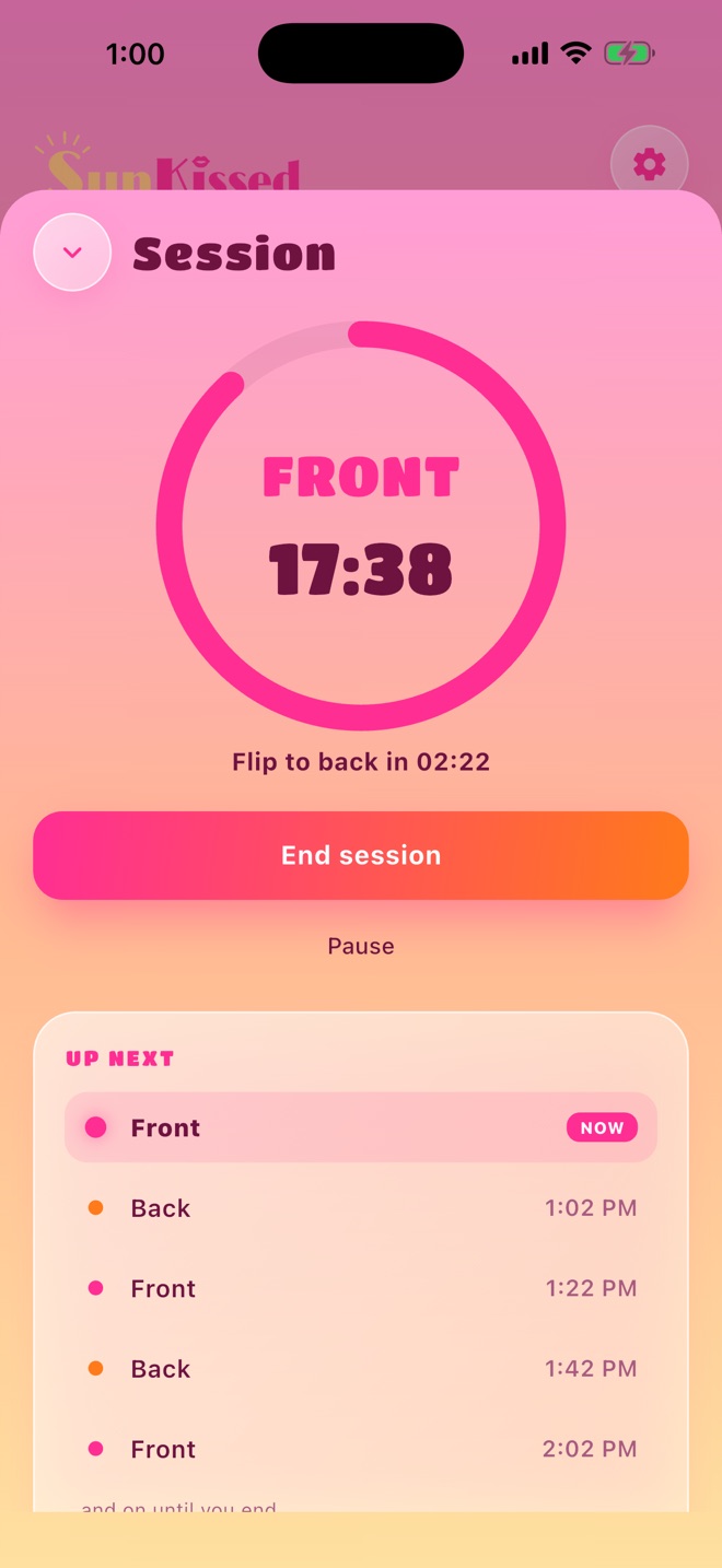 Session timer showing Front, 17:38, flip to back in 2:22